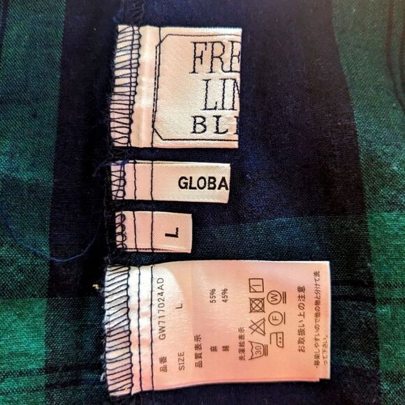 3/$30 Global Work L French Linen Blend Navy Blue and Green Plaid Tunic - Picture 9 of 11